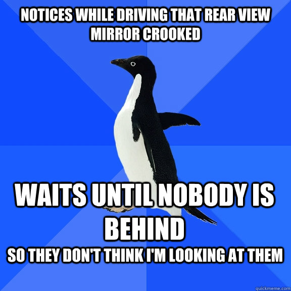 notices while driving that Rear View mirror crooked Waits until nobody is behind  so they don't think i'm looking at them   Socially Awkward Penguin