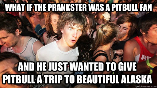 What if the prankster was a Pitbull fan And he just wanted to give pitbull a trip to beautiful alaska  Sudden Clarity Clarence