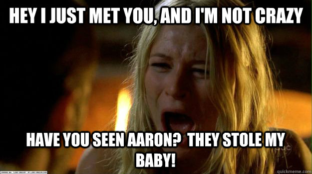 Hey I just met you, and I'm NOT crazy Have you seen Aaron?  They stole my baby!  Hey I just met you - Claire Lost
