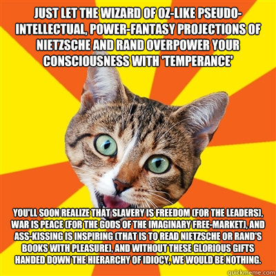 Just let the Wizard of Oz-like pseudo-intellectual, power-fantasy projections of Nietzsche and Rand overpower your consciousness with 'temperance' you'll soon realize that slavery is freedom (for the leaders), war is peace (for the gods of the imaginary f  Bad Advice Cat