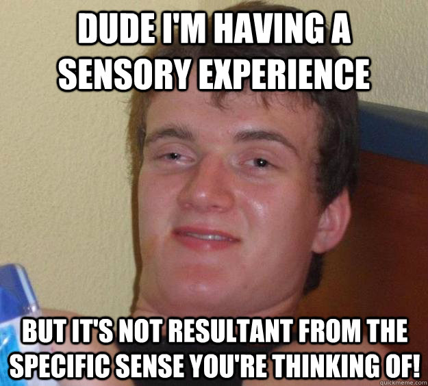 Dude I'm having a sensory experience But it's not resultant from the specific sense you're thinking of!  10 Guy