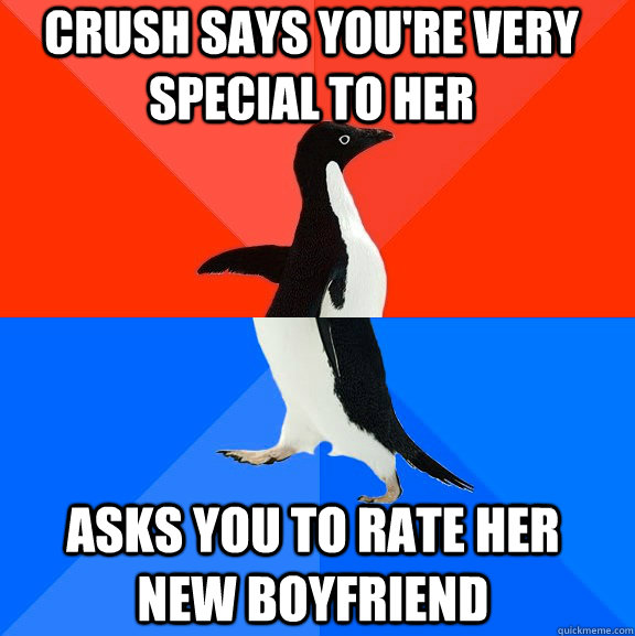 crush says you're very special to her asks you to rate her new boyfriend  Socially Awesome Awkward Penguin