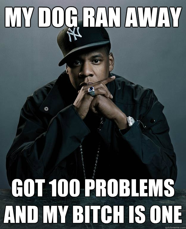 my dog ran away got 100 problems and my bitch is one  Jay Z Problems