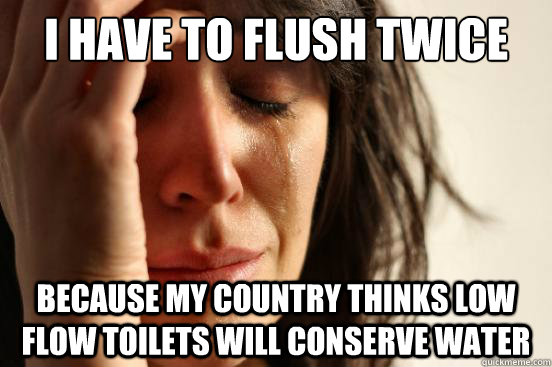 i have to flush twice because my country thinks low flow toilets will conserve water  First World Problems