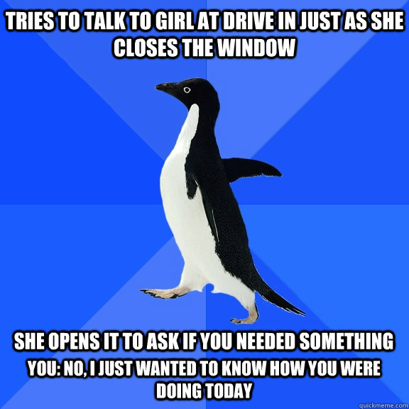 Tries to talk to girl at drive in just as she closes the window she opens it to ask if you needed something You: No, i just wanted to know how you were doing today   Socially Awkward Penguin