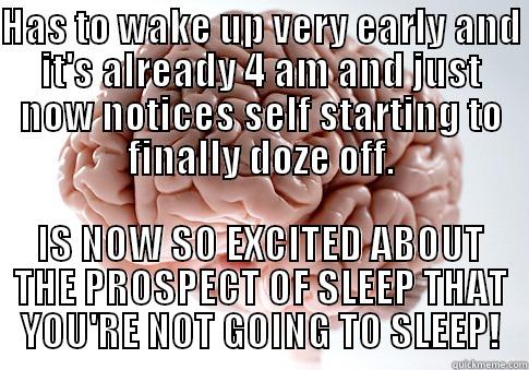 HAS TO WAKE UP VERY EARLY AND IT'S ALREADY 4 AM AND JUST NOW NOTICES SELF STARTING TO FINALLY DOZE OFF. IS NOW SO EXCITED ABOUT THE PROSPECT OF SLEEP THAT YOU'RE NOT GOING TO SLEEP! Scumbag Brain