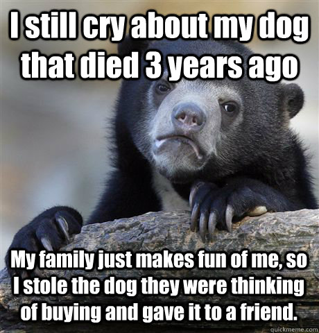 I still cry about my dog that died 3 years ago My family just makes fun of me, so I stole the dog they were thinking of buying and gave it to a friend. - I still cry about my dog that died 3 years ago My family just makes fun of me, so I stole the dog they were thinking of buying and gave it to a friend.  Confession Bear