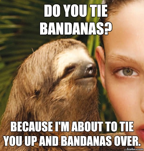 Do you tie bandanas? Because I'm about to tie you up and bandanas over.  rape sloth