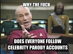 why the fuck Does everyone follow celebrity parody accounts  Annoyed Picard