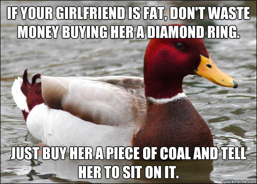 IF YOUR GIRLFRIEND IS FAT, DON'T WASTE MONEY BUYING HER A DIAMOND RING. JUST BUY HER A PIECE OF COAL AND TELL HER TO SIT ON IT.  Malicious Advice Mallard