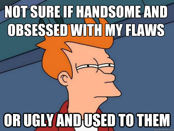 not sure if handsome and obsessed with my flaws or ugly and used to them  Futurama Fry