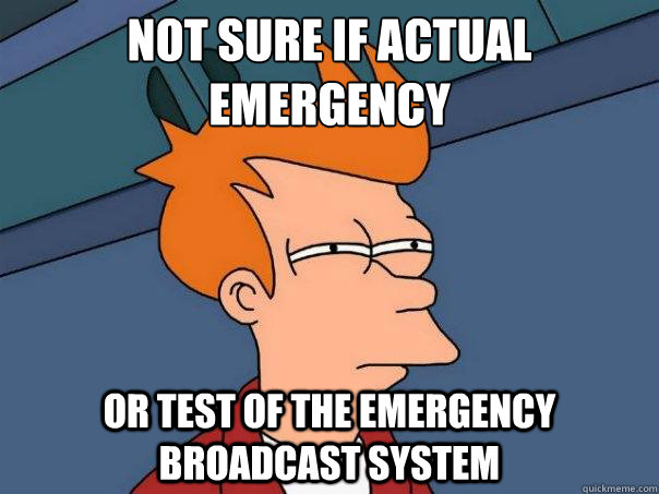 Not sure if actual emergency or test of the emergency broadcast system - Not sure if actual emergency or test of the emergency broadcast system  Futurama Fry