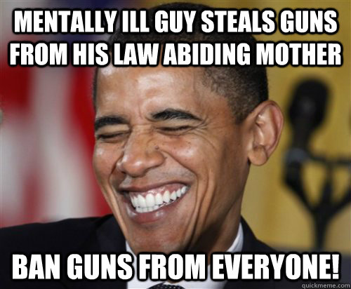 Mentally ill guy steals guns from his law abiding mother Ban guns from everyone!  Scumbag Obama