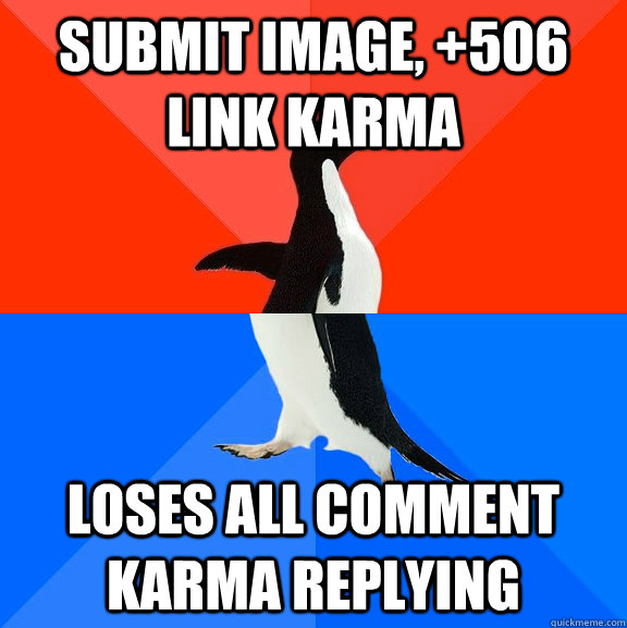 Submit image, +506 link karma loses all comment karma replying  Socially Awesome Awkward Penguin