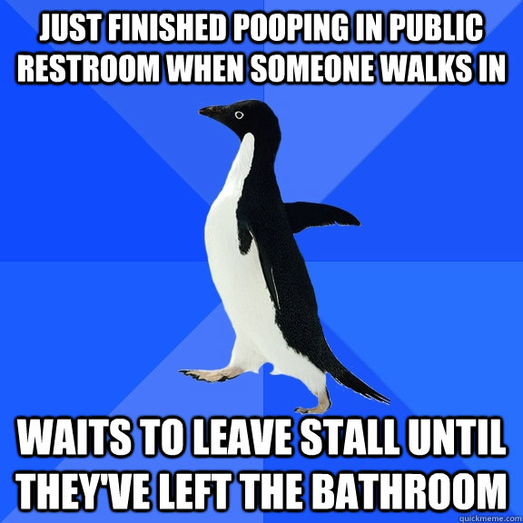 just finished Pooping in public restroom when someone walks in waits to leave stall until they've left the bathroom  Socially Awkward Penguin
