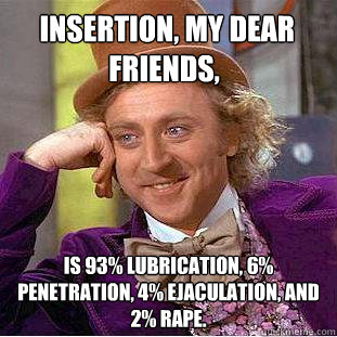  Insertion, my dear friends, is 93% lubrication, 6% penetration, 4% ejaculation, and 2% rape.   Creepy Wonka