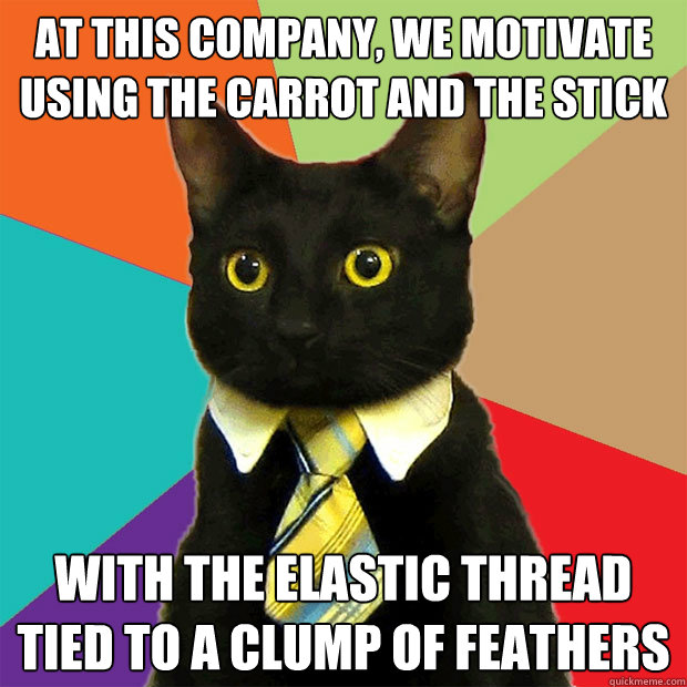 AT THIS COMPANY, WE MOTIVATE USING THE CARROT AND THE STICK WITH THE ELASTIC THREAD TIED TO A CLUMP OF FEATHERS  Business Cat