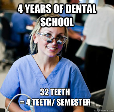 4 years of dental School 32 teeth = 4 teeth/ Semester  overworked dental student