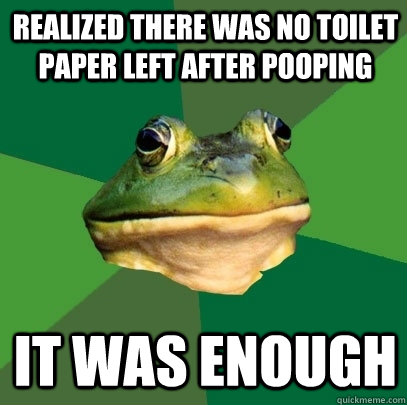 realized there was no toilet paper left after pooping it was enough  Foul Bachelor Frog