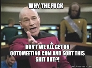 why the fuck don't we all get on gotomeeting.com and sort this shit out?!  Annoyed Picard
