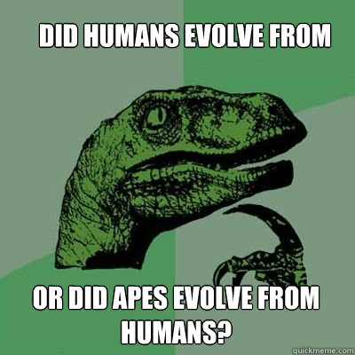 Did humans evolve from apes or did apes evolve from humans? - Did humans evolve from apes or did apes evolve from humans?  velociraptor thinking