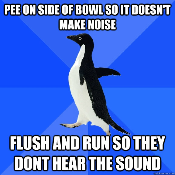 pee on side of bowl so it doesn't make noise flush and run so they dont hear the sound  Socially Awkward Penguin