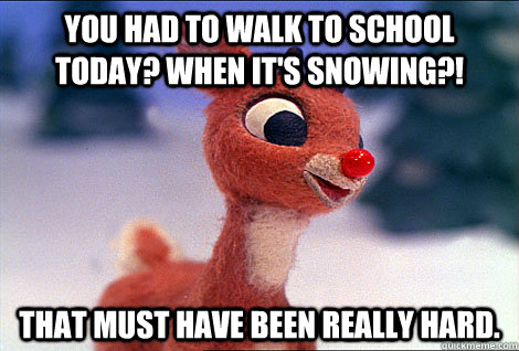 You had to walk to school today? WHEN IT'S SNOWING?! That must have been really hard.    Condescending Rudolph