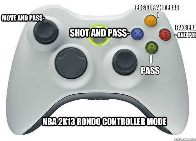 NBA 2k13 Rondo controller mode MOVE and pass- shot and pass-  I
pass POST UP and pass
  I Fake pass 
- and pass
       