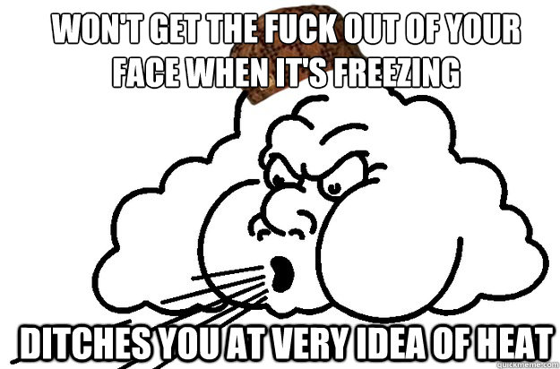 Won't get the fuck out of your face when it's freezing Ditches you at very idea of heat  Scumbag wind