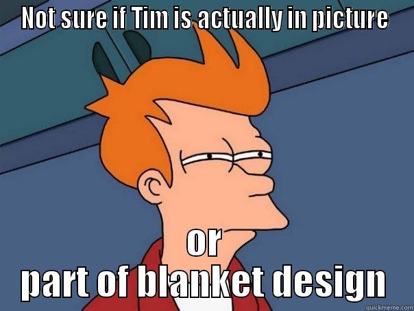 Part of blanket? - NOT SURE IF TIM IS ACTUALLY IN PICTURE OR PART OF BLANKET DESIGN Futurama Fry