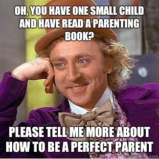 Oh, you have one small child and have read a parenting book? please tell me more about how to be a perfect parent  Condescending Wonka