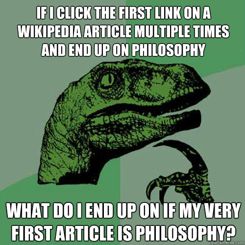 If i Click the first link on a wikipedia article multiple times and end up on philosophy what do i end up on if my very first article is philosophy?  Philosoraptor