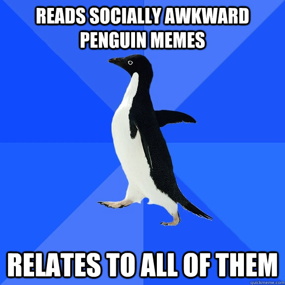 Reads socially awkward penguin memes relates to all of them  Socially Awkward Penguin