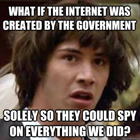 What if the internet was created by the government solely so they could spy on everything we did?  conspiracy keanu