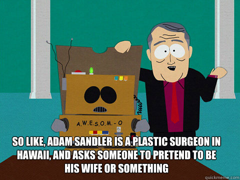 So like, adam sandler is a plastic surgeon in hawaii, and asks someone to pretend to be his wife or something  
