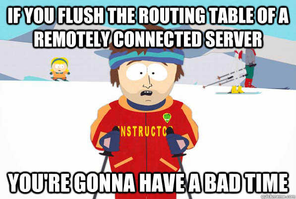 If you flush the routing table of a remotely connected server You're gonna have a bad time - If you flush the routing table of a remotely connected server You're gonna have a bad time  Bad Times Ahead