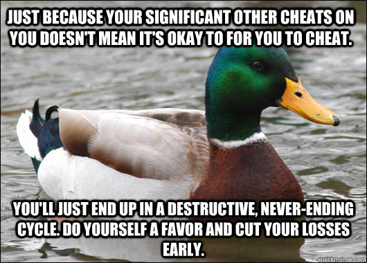 just because your significant other cheats on you doesn't mean it's okay to for you to cheat. You'll just end up in a destructive, never-ending cycle. do yourself a favor and cut your losses early.  Actual Advice Mallard