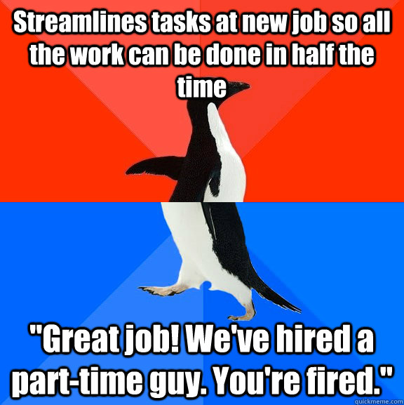 Streamlines tasks at new job so all the work can be done in half the time 