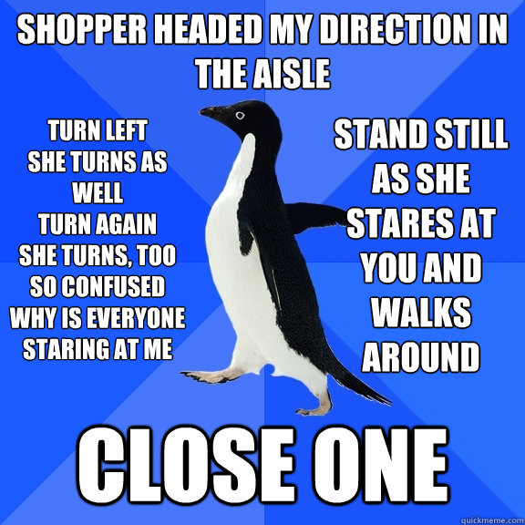 Shopper headed my direction in the aisle CLOSE ONE TURN LEFT
SHE TURNS AS WELL
TURN AGAIN
SHE TURNS, TOO
SO CONFUSED
WHY IS EVERYONE STARING AT ME STAND STILL AS SHE STARES AT YOU AND WALKS AROUND  Socially Awkward Penguin