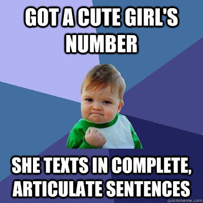 Got a cute girl's number she texts in complete, articulate sentences - Got a cute girl's number she texts in complete, articulate sentences  Success Kid