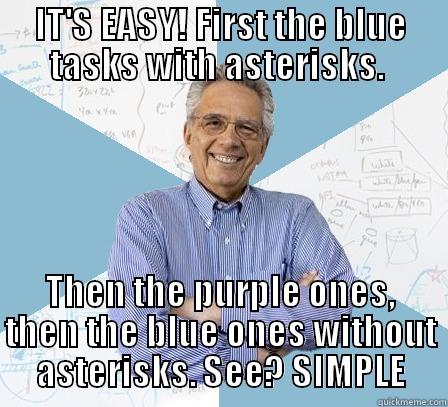 IT'S EASY! FIRST THE BLUE TASKS WITH ASTERISKS.  THEN THE PURPLE ONES, THEN THE BLUE ONES WITHOUT ASTERISKS. SEE? SIMPLE Engineering Professor