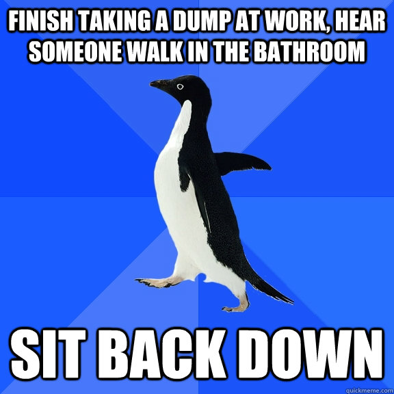 Finish taking a dump at work, hear someone walk in the bathroom Sit back down  Socially Awkward Penguin