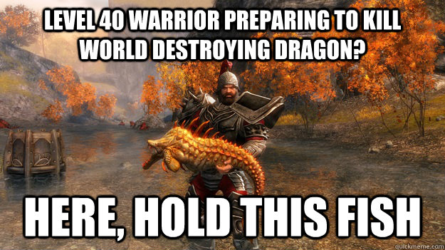 Level 40 warrior preparing to kill world destroying dragon? Here, hold this fish  GW2 Logic