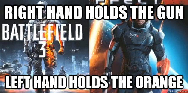 Right hand holds the gun left hand holds the orange - Right hand holds the gun left hand holds the orange  Misc