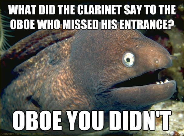 what did the clarinet say to the oboe who missed his entrance? oboe you didn't  Bad Joke Eel
