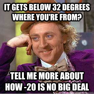 it gets below 32 degrees where you're from? tell me more about how -20 is no big deal  Condescending Wonka