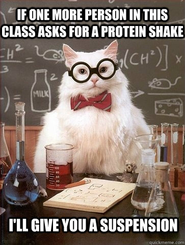 If one more person in this class asks for a protein shake I'll give you a suspension - If one more person in this class asks for a protein shake I'll give you a suspension  Chemistry Cat