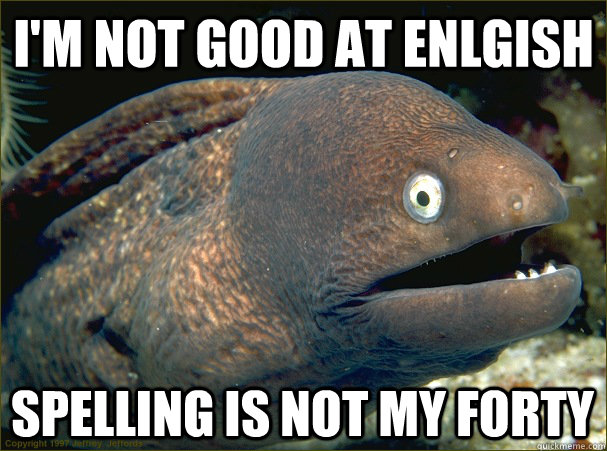 i'm not good at enlgish spelling is not my forty - i'm not good at enlgish spelling is not my forty  Bad Joke Eel