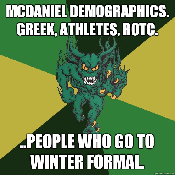 McDaniel Demographics. Greek, Athletes, ROTC. ..People who go to Winter Formal.  Green Terror