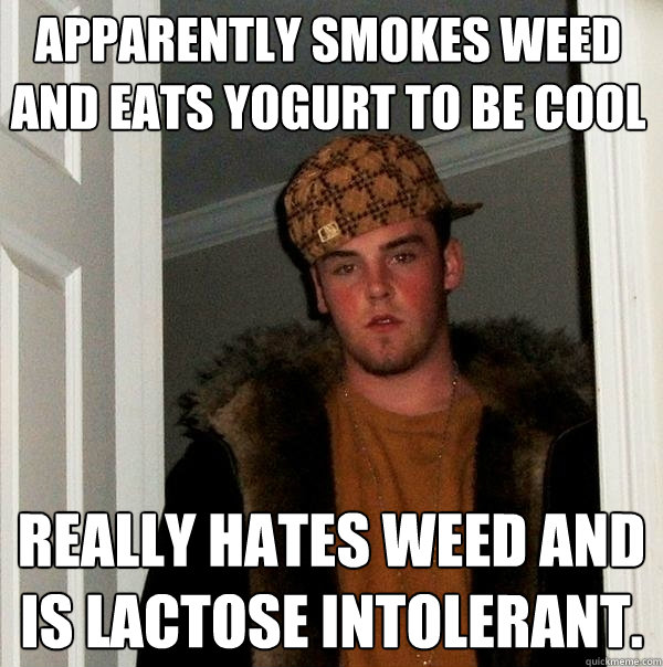 APPARENTLY SMOKES WEED AND EATS YOGURT TO BE COOL REALLY HATES WEED AND IS LACTOSE INTOLERANT.  Scumbag Steve